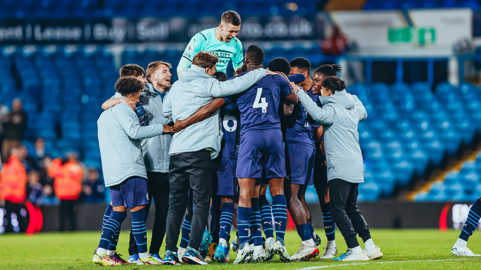 ALL TOGETHER NOW : The squad celebrate on the pitch at Elland Road after securing back-to-back titles | 22 April 2022.
