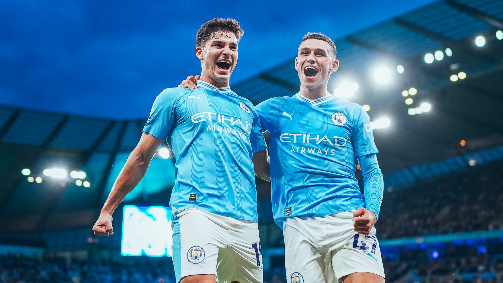 DOUBLE TROUBLE : Goalscorer Julian Alvarez with Man of the Match Phil Foden