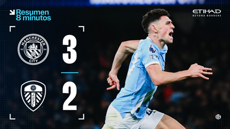 Match result image showing Manchester City vs. Leeds United with a score of 3-2. The Manchester City logo is on top, and the Leeds United logo is below.