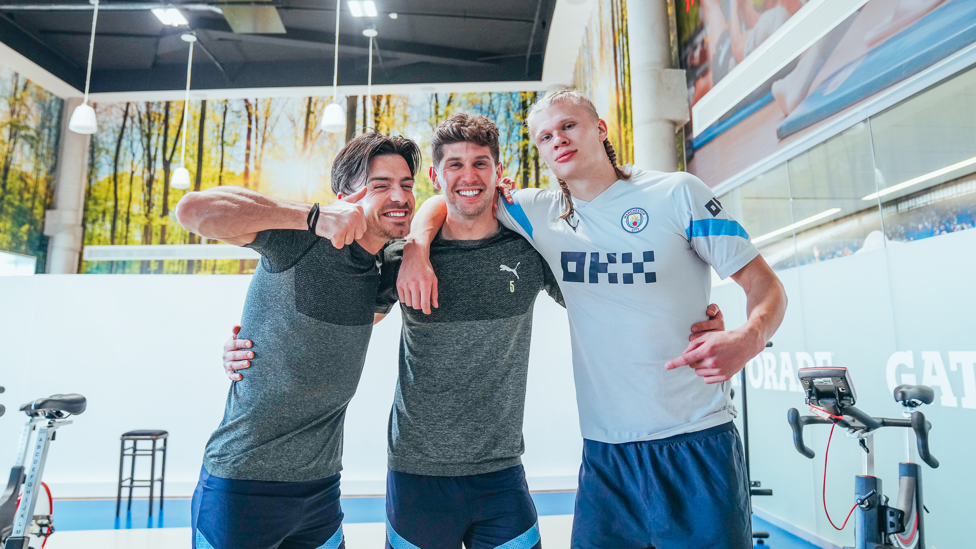 BEST BUDDIES : Jack Grealish, John Stones and Erling Haaland pose for the camera