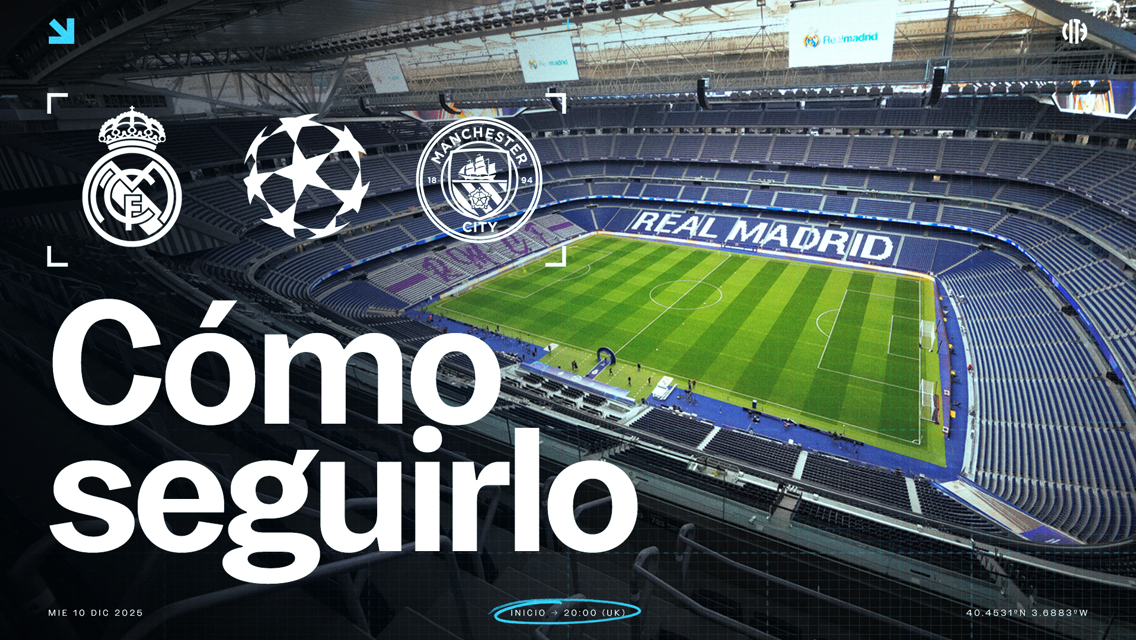 Poster of a UEFA Champions League match between Real Madrid and Manchester City at Santiago Bernabéu, detailing how to follow the match on Wednesday, December 10, 2025, starting at 20:00 UK time.
