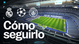 Poster of a UEFA Champions League match between Real Madrid and Manchester City at Santiago Bernabéu, detailing how to follow the match on Wednesday, December 10, 2025, starting at 20:00 UK time.