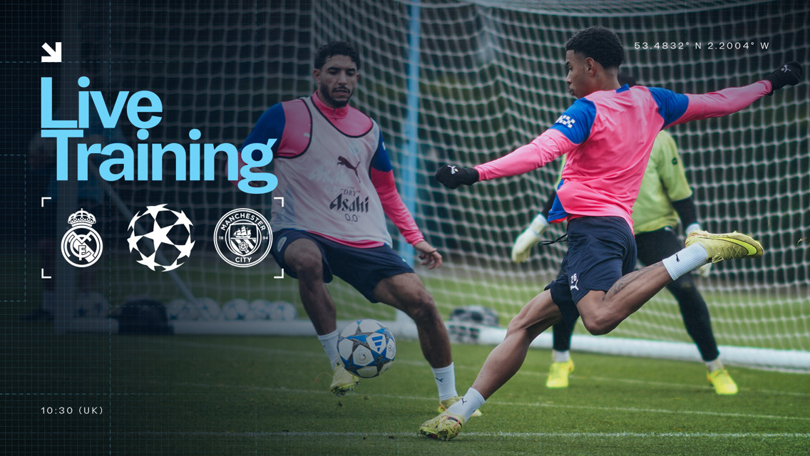 Live Training session banner featuring Real Madrid and Manchester City logos, players practicing on the field, and UEFA Champions League emblem. Coordinates noted as 53.4832° N, 2.2004° W; scheduled for 10:30 UK.