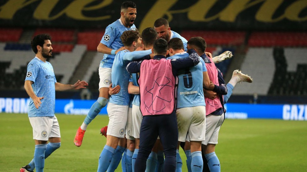 ALL TOGETHER NOW: The lads mob De Bruyne after his equaliser