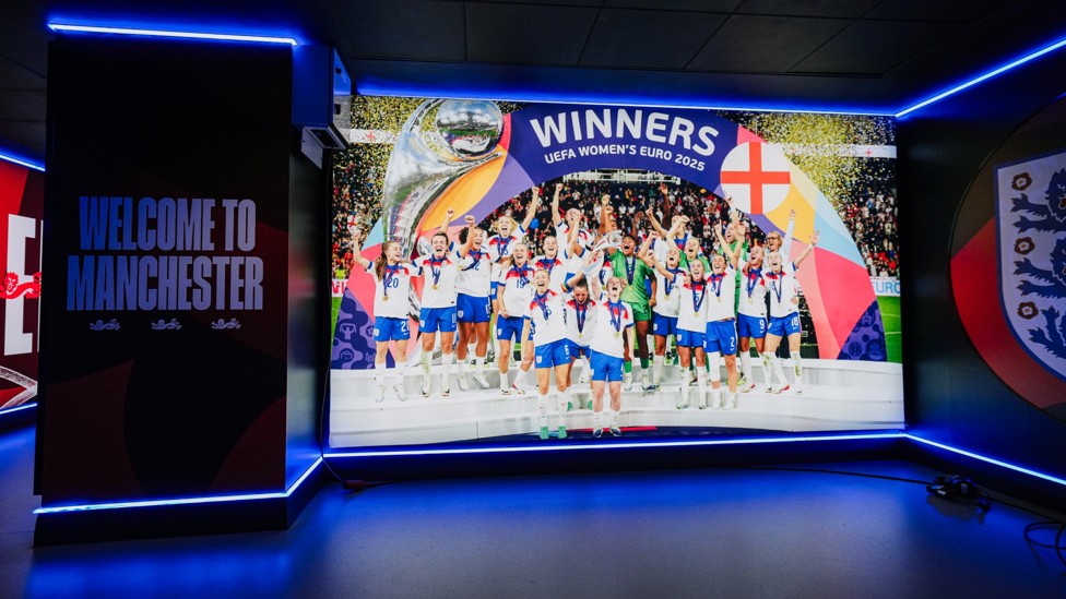 WELCOME WINNERS  : The Etihad is England-fied, including a picture of their 2025 EURO trophy lift. 