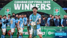 Manchester City players celebrate winning the Carabao Cup final 2026 with a trophy presentation.