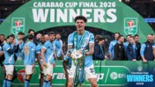 Manchester City players celebrate winning the Carabao Cup final 2026 with a trophy presentation.