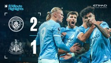 Manchester City won 2-1 against Newcastle United, as shown in a highlights banner with players celebrating. The Manchester City logo and Newcastle United logo are visible.