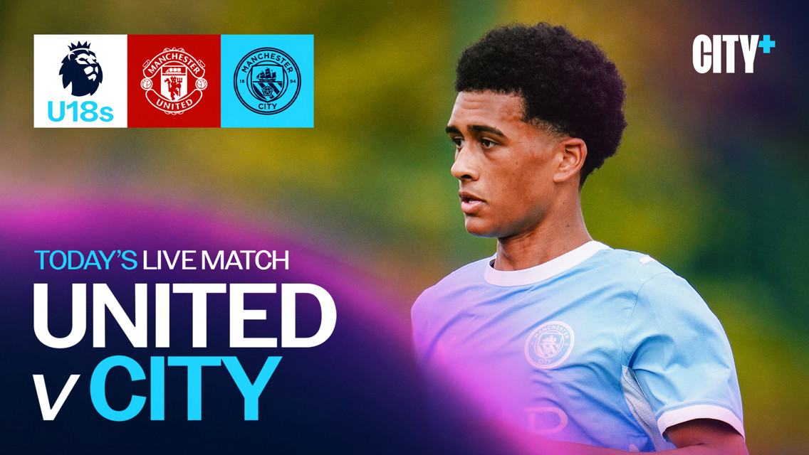 Promotional image for a Premier League U18s live match between Manchester United and Manchester City, featuring logos and player imagery.