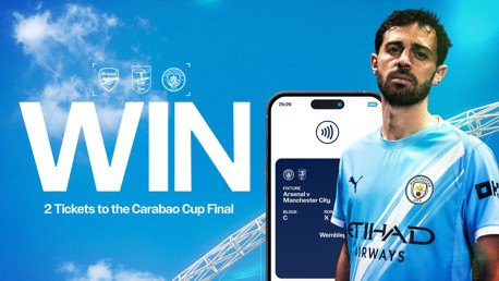 Promotional graphic for a contest to win 2 tickets to the Carabao Cup Final between Arsenal and Manchester City, featuring a player in City kit and a phone displaying ticket details.