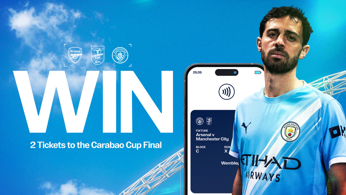 Promotional graphic for a contest to win 2 tickets to the Carabao Cup Final between Arsenal and Manchester City, featuring a player in City kit and a phone displaying ticket details.