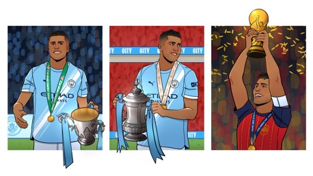 Illustration of a football player in Manchester City gear holding various trophies, including the World Cup, FA Cup, and League Cup.