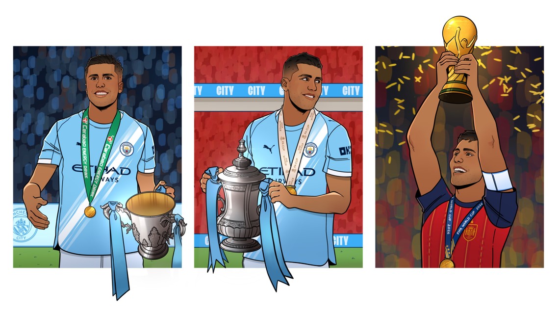 Illustration of a football player in Manchester City gear holding various trophies, including the World Cup, FA Cup, and League Cup.