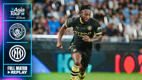 A football player from Manchester City wearing a black kit running on the field. To the side, there are logos of Manchester City and Inter Milan with text mentioning Asia Tour '26 and a full match replay.