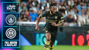 A football player from Manchester City wearing a black kit running on the field. To the side, there are logos of Manchester City and Inter Milan with text mentioning Asia Tour '26 and a full match replay.