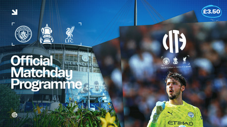 Official matchday programme featuring Manchester City and Liverpool logos, FA Cup icon, Etihad Stadium, and a player in a yellow kit. Price is £3.50 with the date set for 04.04.26 at 12:45pm.