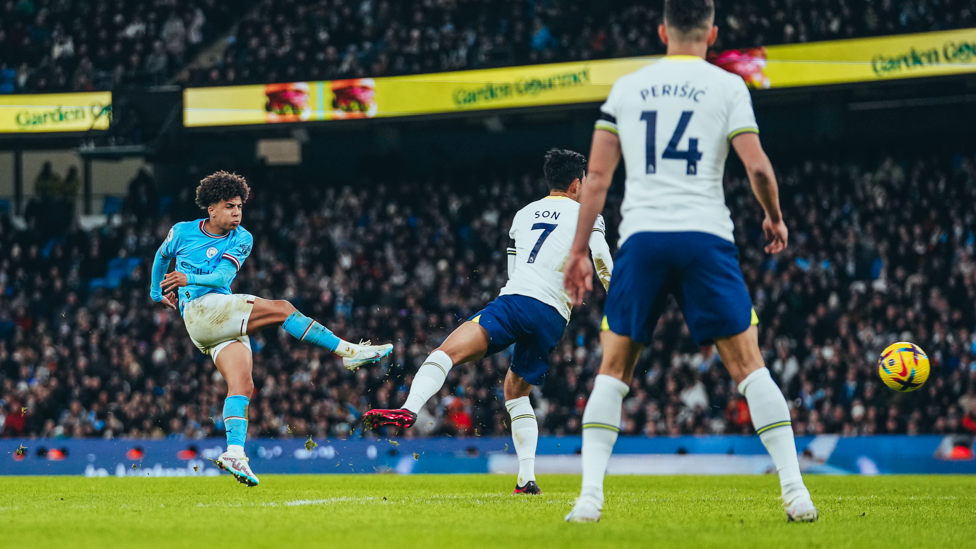 ROCKET FROM RICO: Chances aplenty as Rico Lewis strikes an effort from the edge of the box.