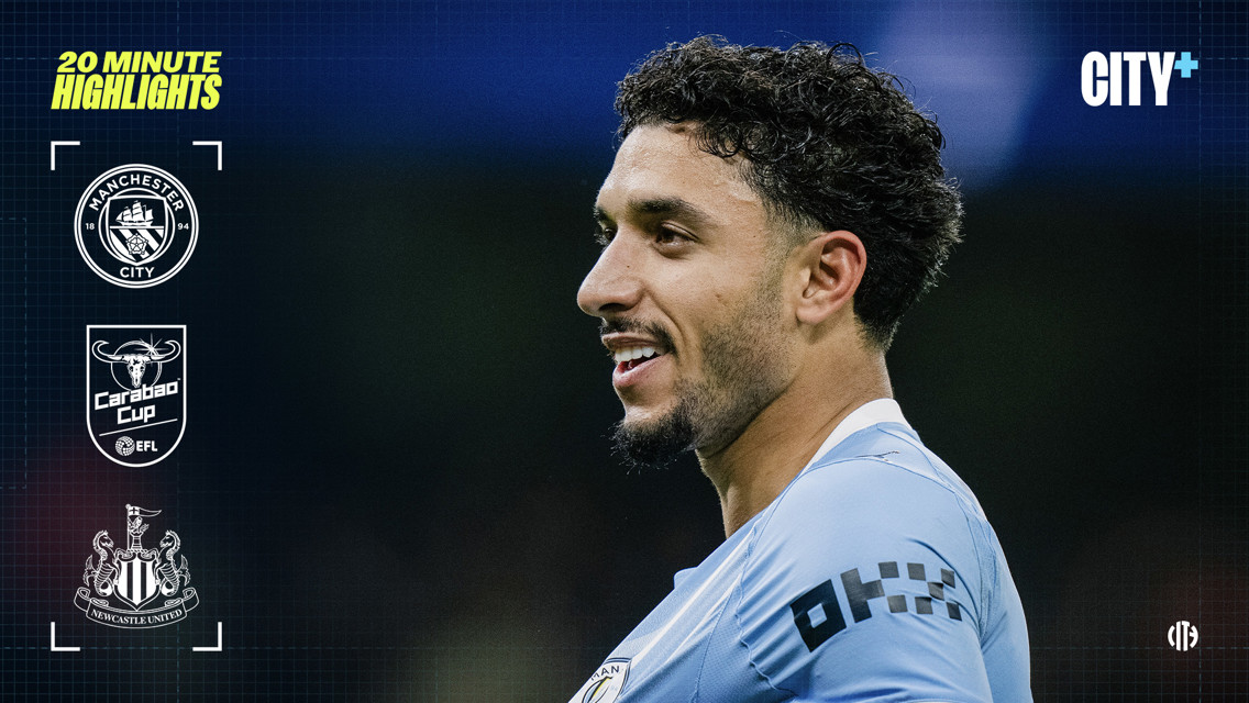 Graphic for Manchester City vs Newcastle United Carabao Cup highlights featuring logos and a blurred player.