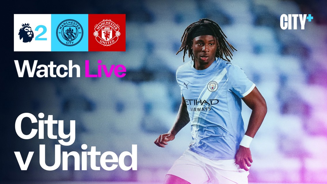 Promotional image for a live stream of the Premier League match between Manchester City and Manchester United. Features blurred player in Manchester City kit with City and United logos.