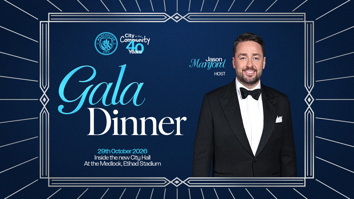 Invitation for a Gala Dinner on 29th October 2026 at the Etihad Stadium, hosted by Jason Manford, to celebrate Manchester City's 40th anniversary.
