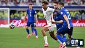 England and Croatia players contest a soccer ball during a match, with focus on England player wearing number 3 jersey.