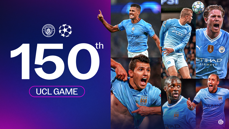 Graphic celebrating Manchester City's 150th UEFA Champions League game. Features players in their Man City kits and the club crest.
