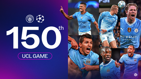 Graphic celebrating Manchester City's 150th UEFA Champions League game. Features players in their Man City kits and the club crest.