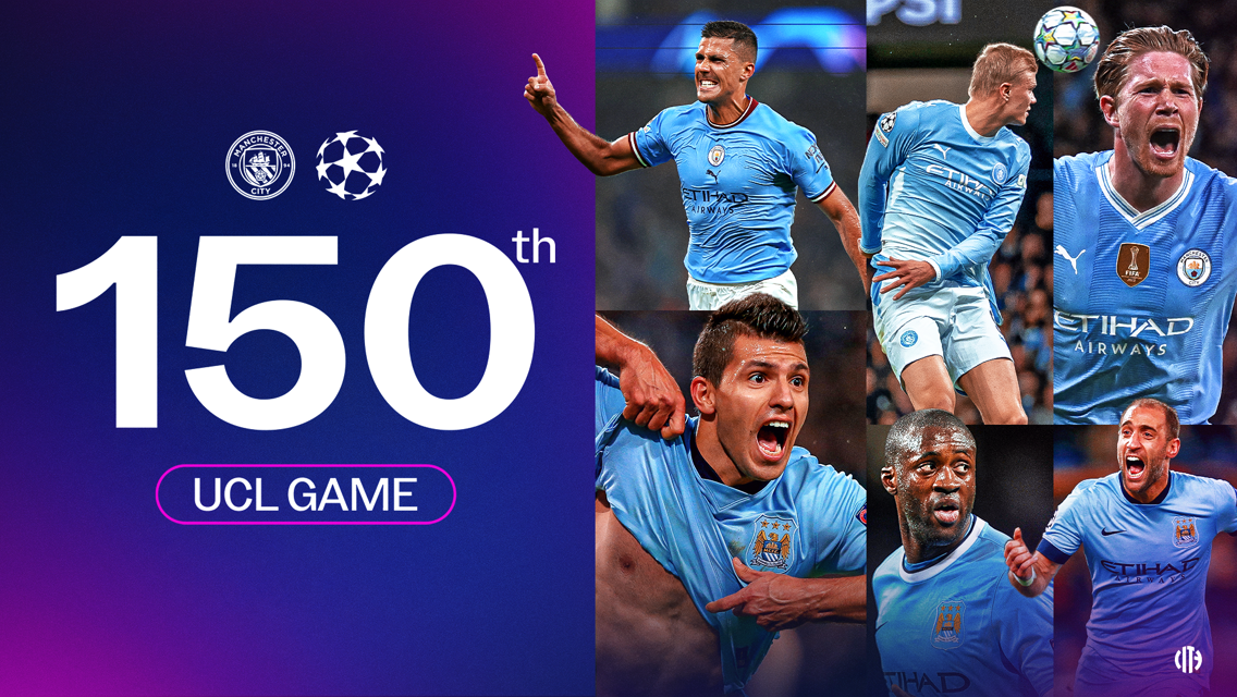 Graphic celebrating Manchester City's 150th UEFA Champions League game. Features players in their Man City kits and the club crest.