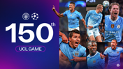 Graphic celebrating Manchester City's 150th UEFA Champions League game. Features players in their Man City kits and the club crest.