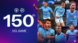 Graphic celebrating Manchester City's 150th UEFA Champions League game. Features players in their Man City kits and the club crest.