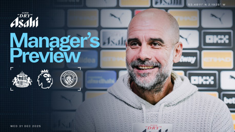 Manager's preview for a Sunderland AFC vs Manchester City Premier League match, presented by Asahi Super Dry, dated Wednesday, December 31, 2025. Background has various logos including Puma and Etihad.