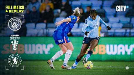Two players from Manchester City and Chelsea compete for the ball during a Subway Women's League Cup match. The full match replay is available on City+.