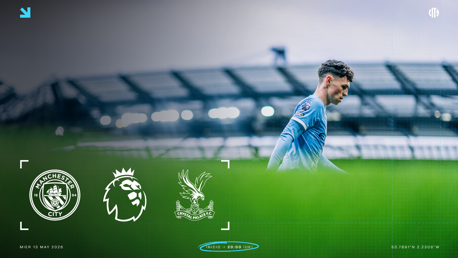 Promotional image for Manchester City vs Crystal Palace Premier League match on May 13, 2026, at Etihad Stadium, featuring a blurred player in Manchester City kit.