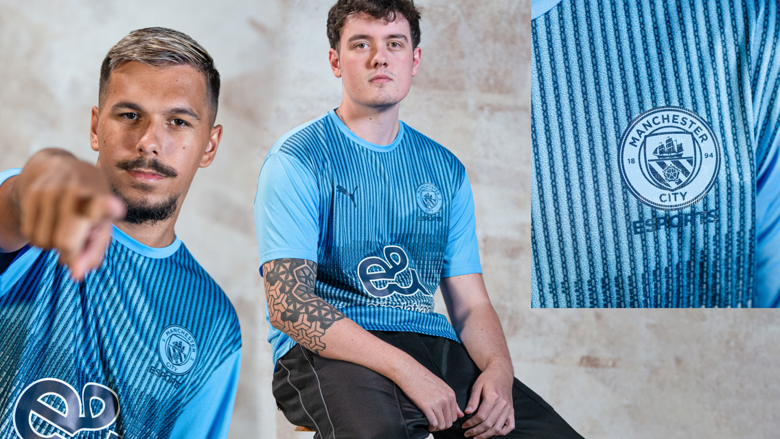 Esports players wearing a blue Manchester City jersey with esports logo.