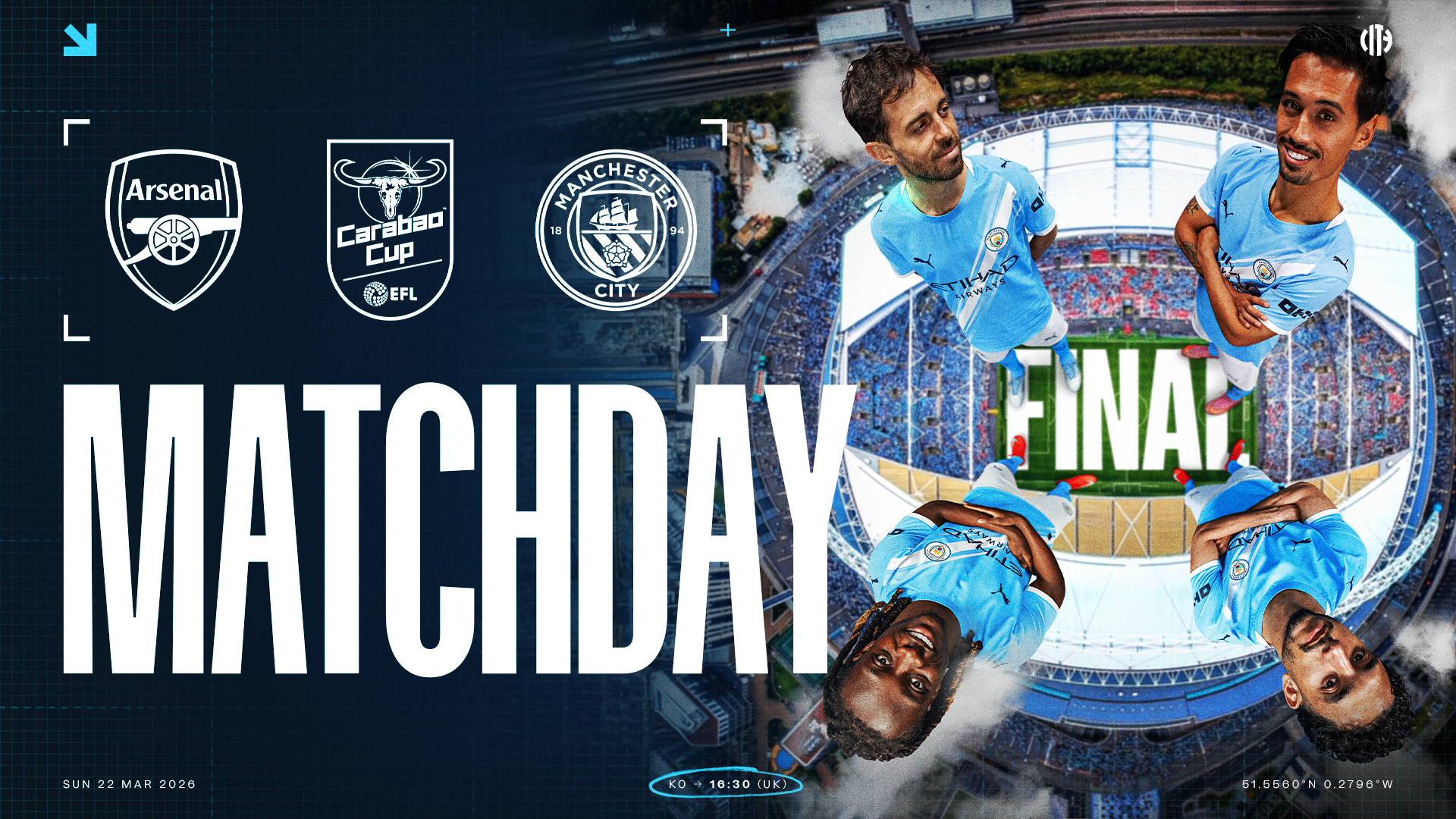 Matchday poster for Carabao Cup final between Arsenal and Manchester City on Sun 22 Mar 2026 at 16:30 UK.