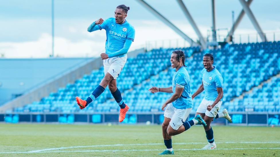 JUMPING FOR JOY : Laykle Samuel celebrating his PL2 play-off goal against Arsenal.  