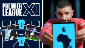 A graphic with 'Premier League XI' displayed, featuring a Manchester City formation layout with question marks on some shirts and blurred player images. A person holds a tablet showing a map silhouette.