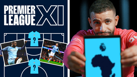 A graphic with 'Premier League XI' displayed, featuring a Manchester City formation layout with question marks on some shirts and blurred player images. A person holds a tablet showing a map silhouette.