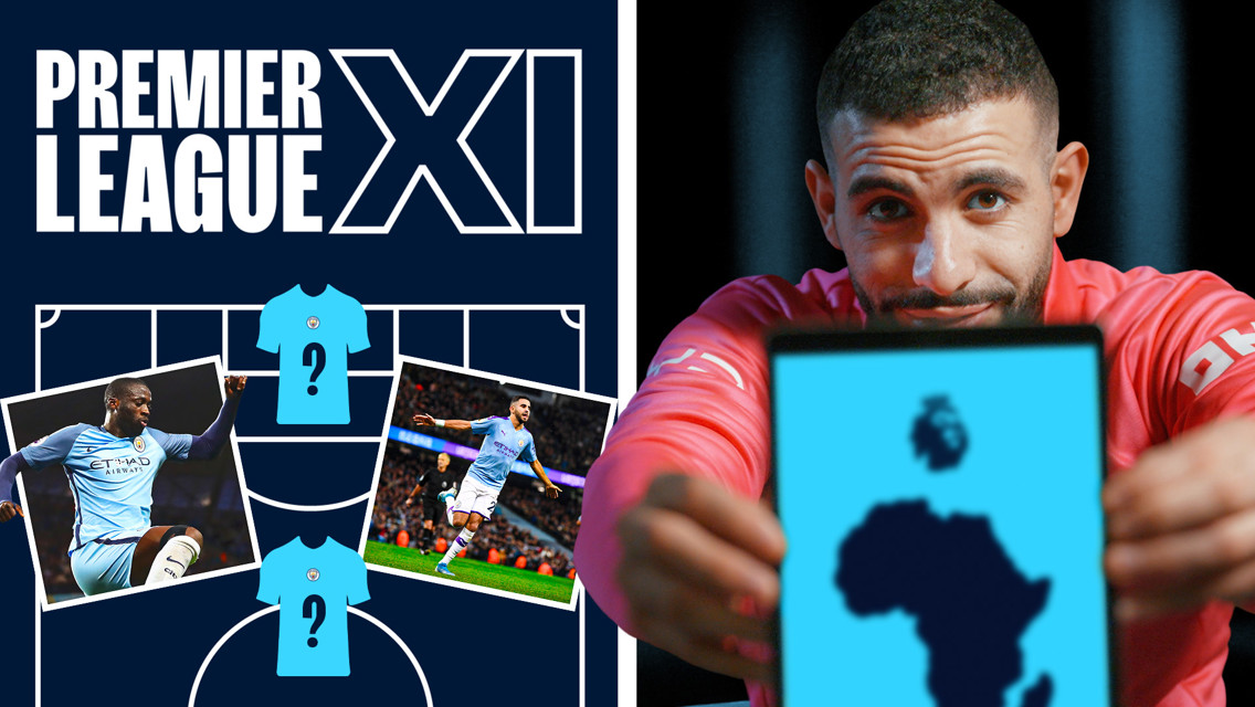 A graphic with 'Premier League XI' displayed, featuring a Manchester City formation layout with question marks on some shirts and blurred player images. A person holds a tablet showing a map silhouette.