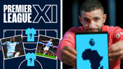 A graphic with 'Premier League XI' displayed, featuring a Manchester City formation layout with question marks on some shirts and blurred player images. A person holds a tablet showing a map silhouette.