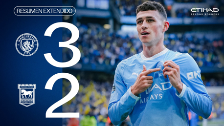 Image showing Manchester City defeating Ipswich Town with a score of 3-2. Manchester City logo and Ipswich Town logo with a player in Manchester City jersey.