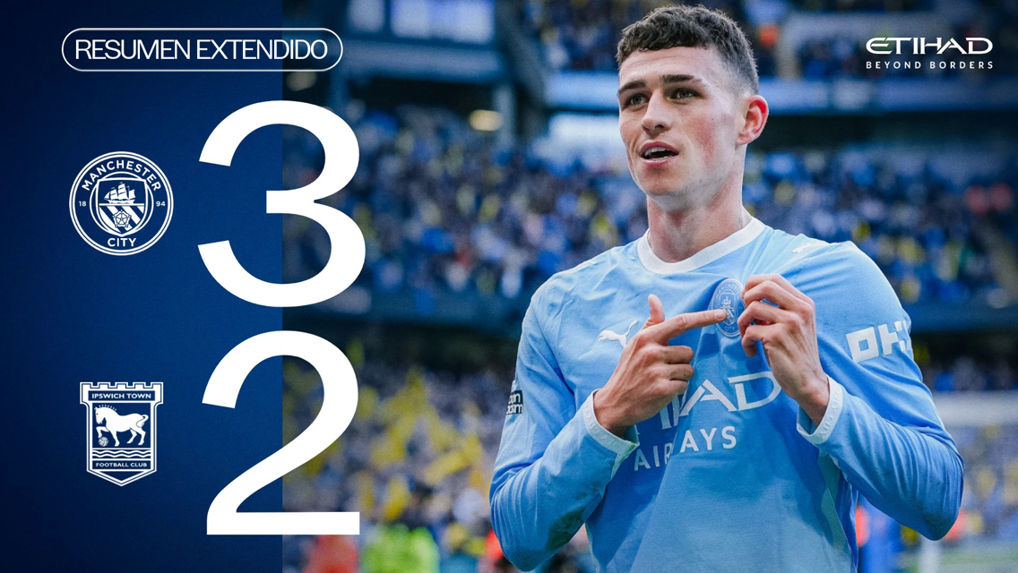 Image showing Manchester City defeating Ipswich Town with a score of 3-2. Manchester City logo and Ipswich Town logo with a player in Manchester City jersey.