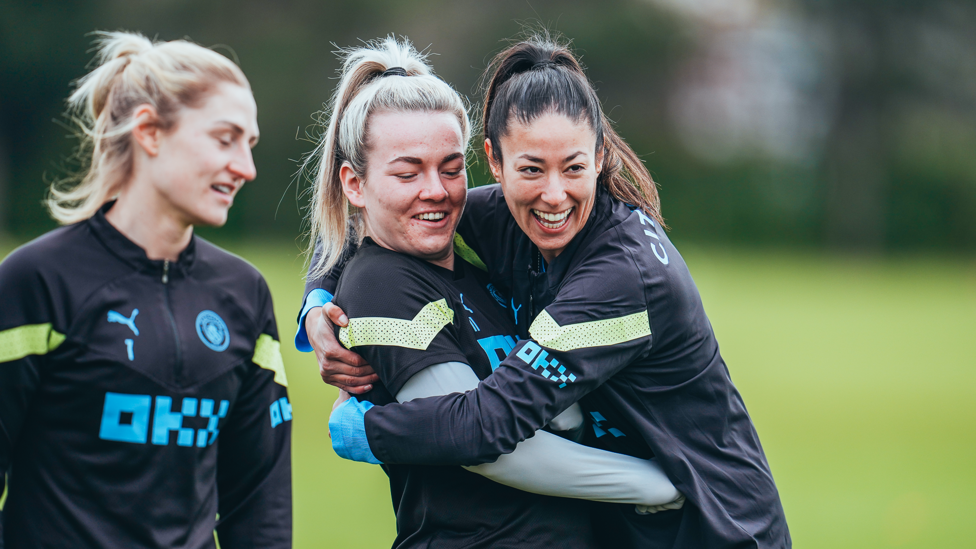 TOUCH TIGHT : Lauren Hemp and Leila Ouahabi have a quick cuddle