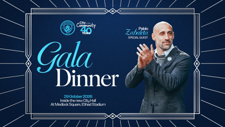 Manchester City Gala Dinner invitation featuring details of the event on 29 October 2026 with special guest Pablo Zabaleta at Etihad Stadium, Medlock Square. Includes Manchester City logo and City in the Community 40 Years celebration.