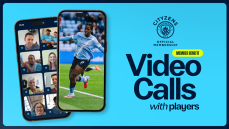 Digital flyer for Manchester City's official membership offering video calls with players as a member benefit. Includes blurred images of people on video calls alongside a football player.