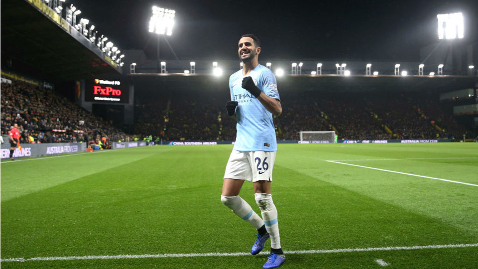 LIGHTING UP TIME: Riyad celebrates his goal in front of the travelling City fans