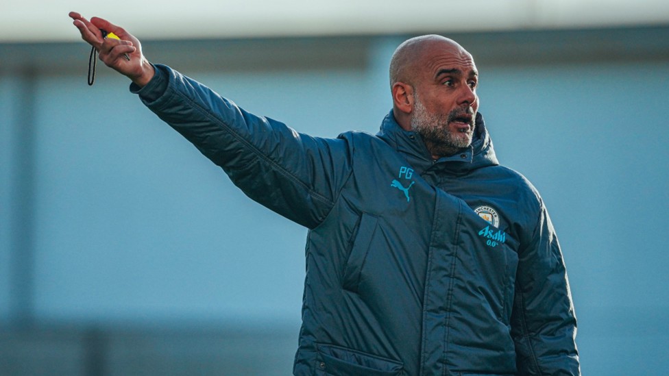 THE BOSS: Pep Guardiola overseeing Saturday's session.