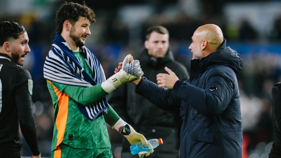 SHOWSTOPPER: Trafford and Pep Guardiola celebrate at the final whistle 