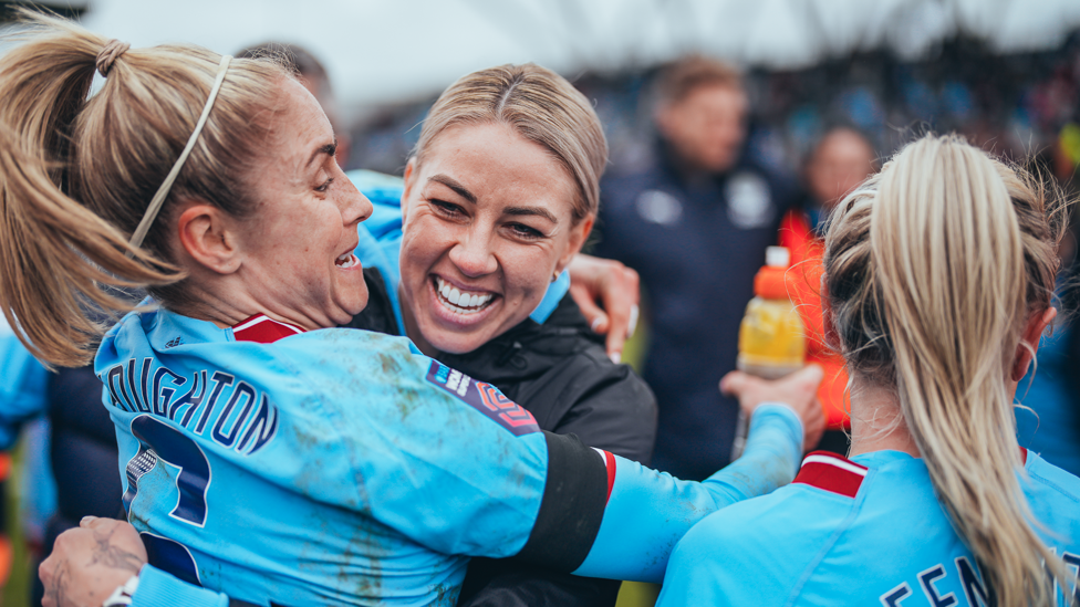 ALL SMILES : Alanna Kennedy and Steph Houghton embrace following the weekend victory.