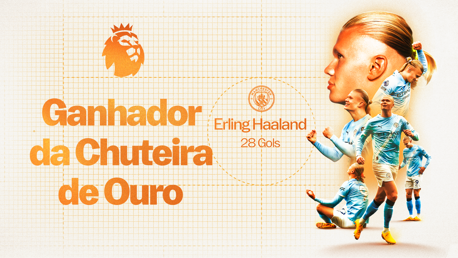 Graphic featuring 'Ganhador da Chuteira de Ouro' with 28 goals by Erling Haaland for Manchester City in the Premier League. Includes Premier League logo and Manchester City crest.